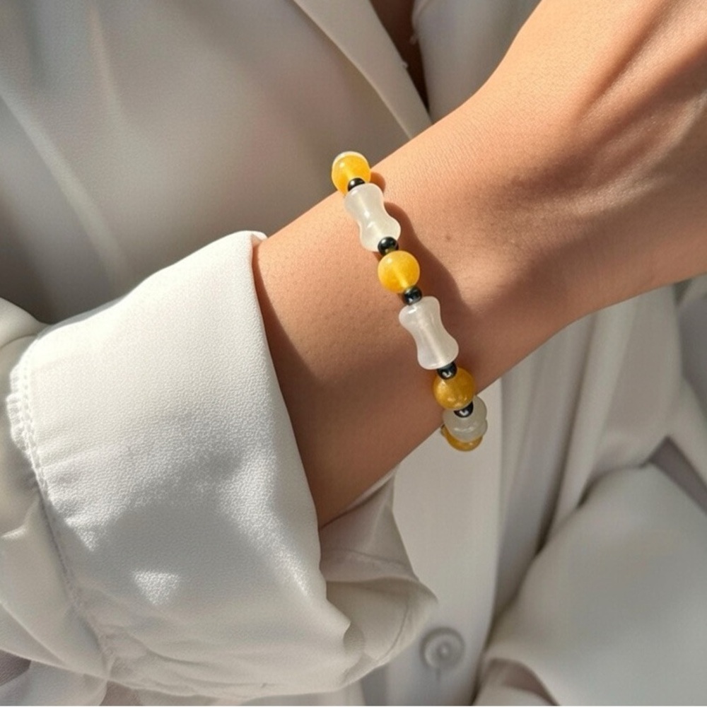 Handmade Beaded Bracelet Bamboo Round Yellow Jade Hematite Stone Stretch 7"